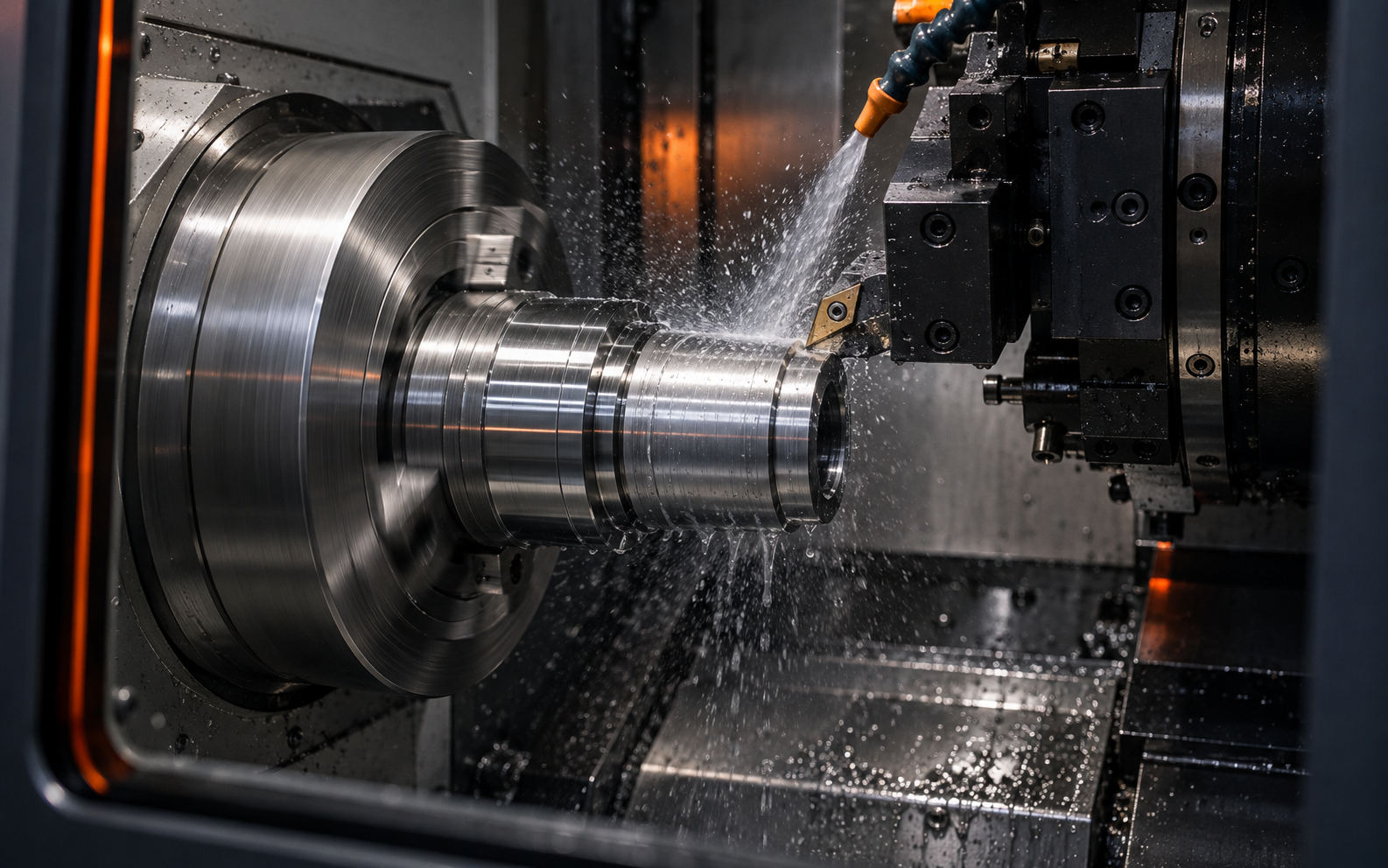 Ilustración de una operación de torneado CNC con refrigeración